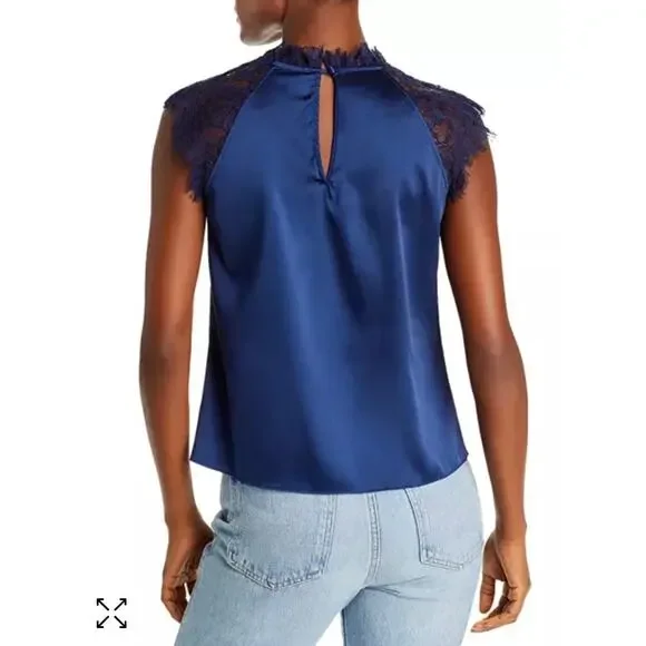 NWT Generation Love Charolette Navy Blue Silk Lace Sleeve Blouse Top Size S - Picture 2 of 10